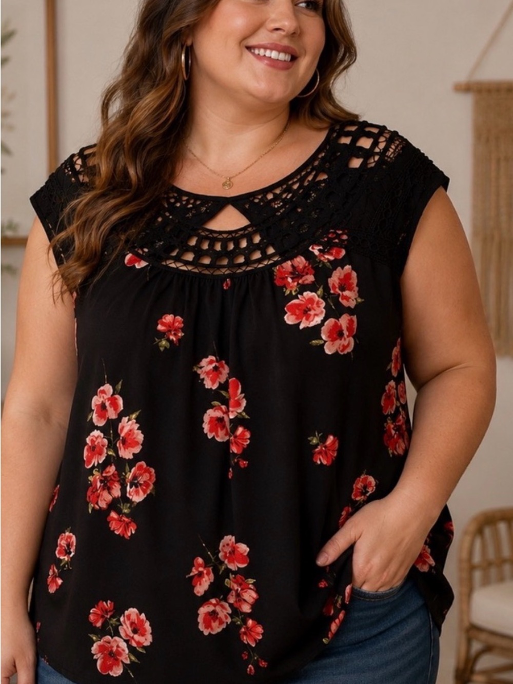 Maurices 1X Black Floral Lace Yoke Blouse Red Floral Flowy Top Plus Size